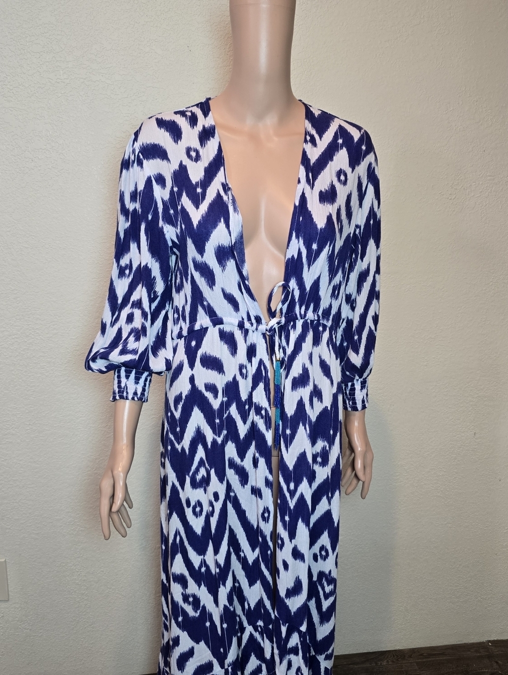 Blue Island Women's Blue/White Boho Flowy Tie Front Beach Cover Up Size Small - Picture 5 of 11